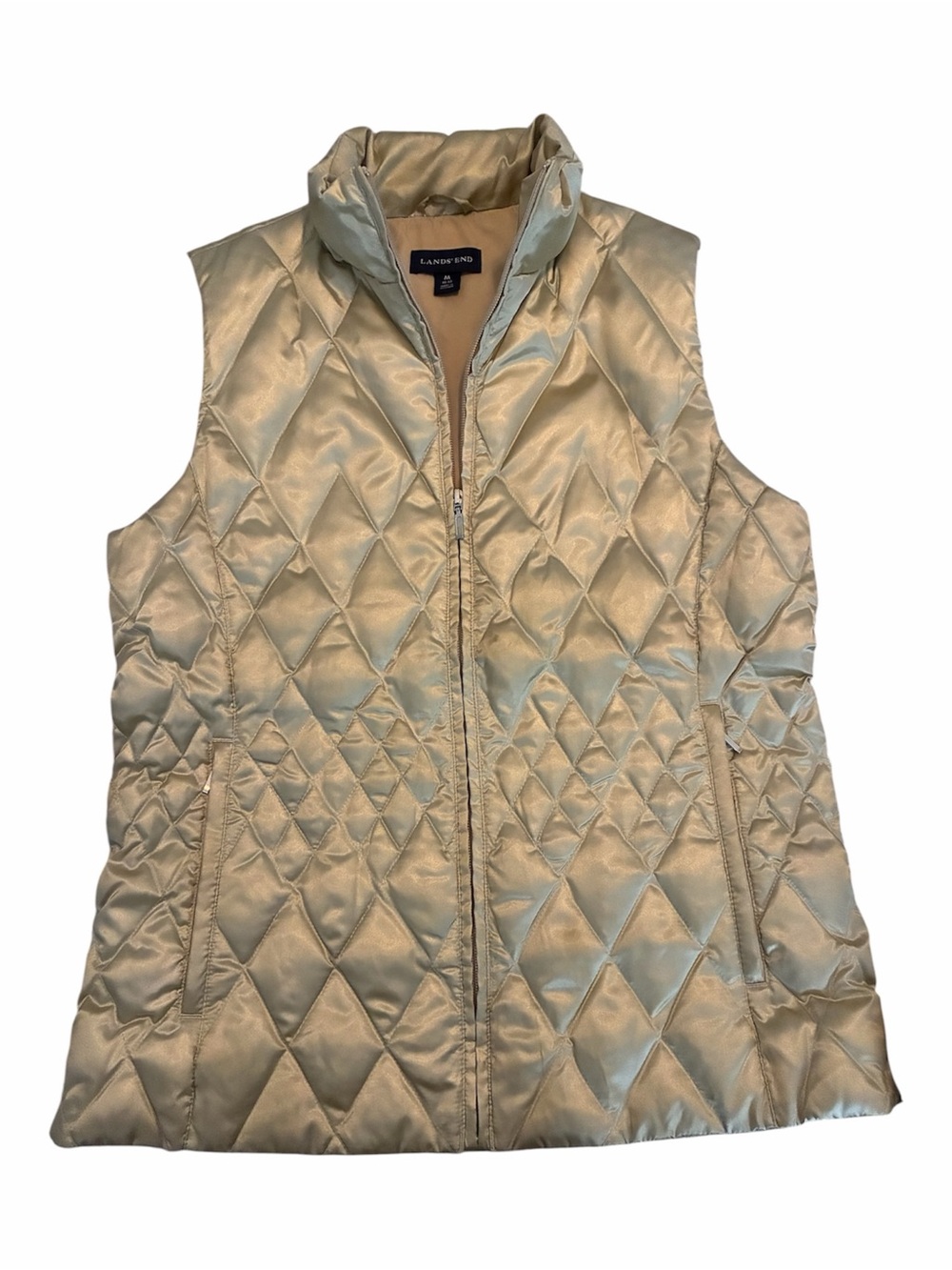 Lands' End Women’s Quilted Diamond Down Puffer Vest Champagne Gold Like New